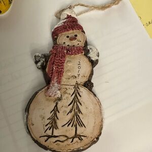 BR- Rustic Cream Snowman Ornament with Red Knit Hat & Scarf